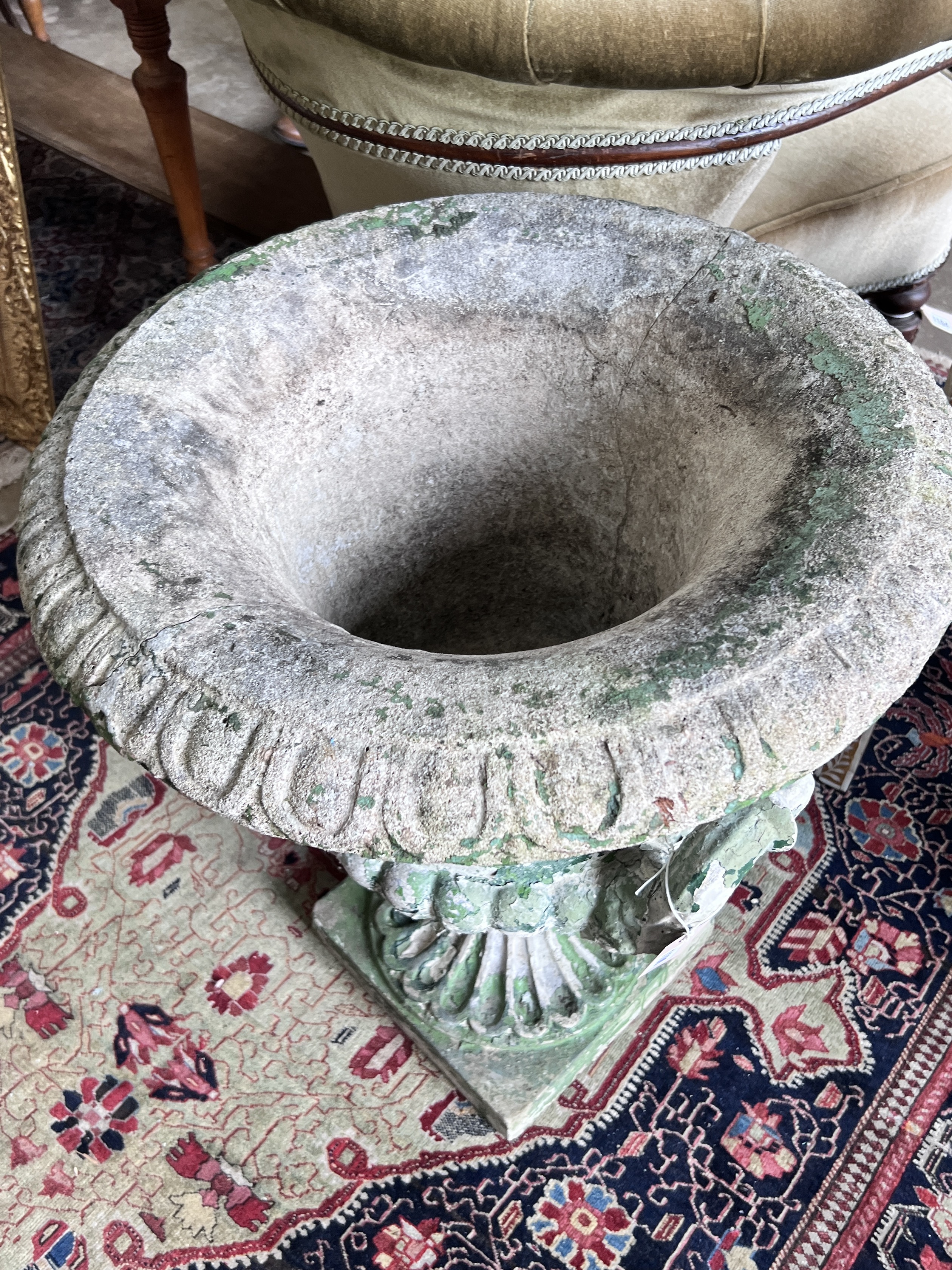 A painted reconstituted stone campana garden urn, width 53cm, height 63cm